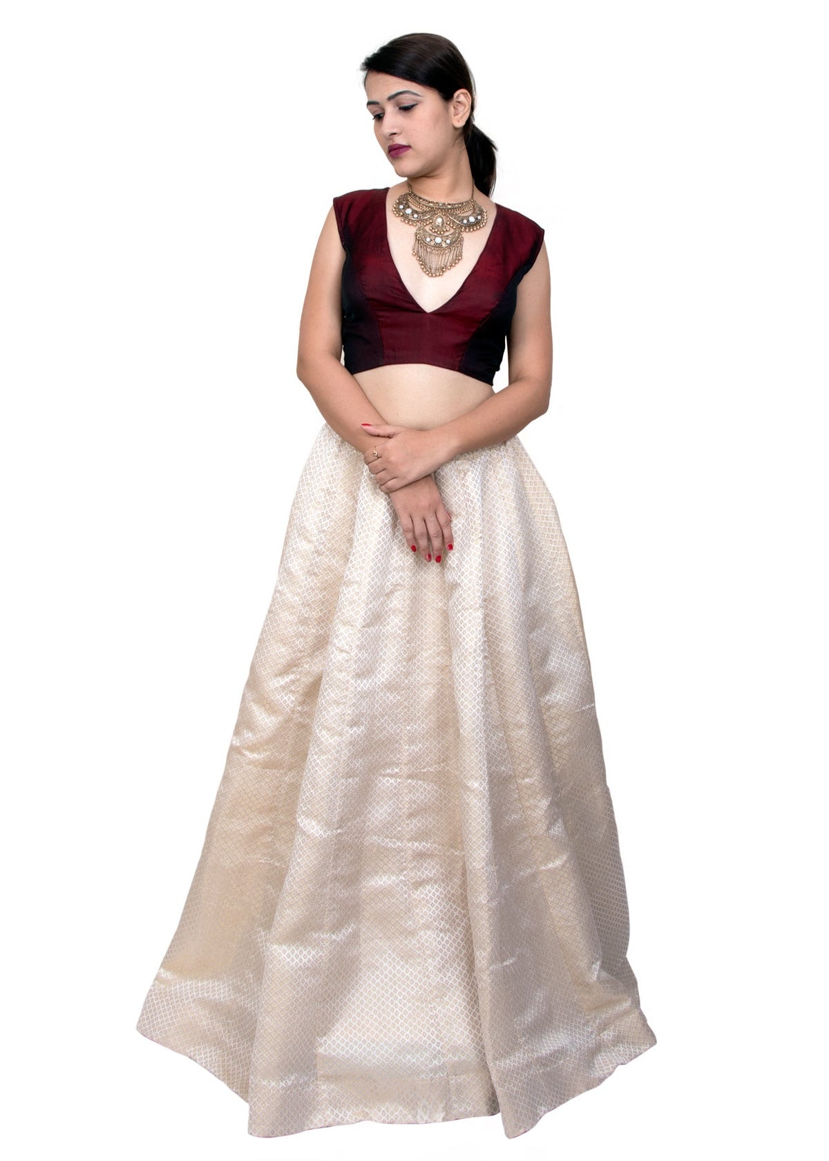 IVORY LEHENGA WITH CONTRAST MAROON CHOLI