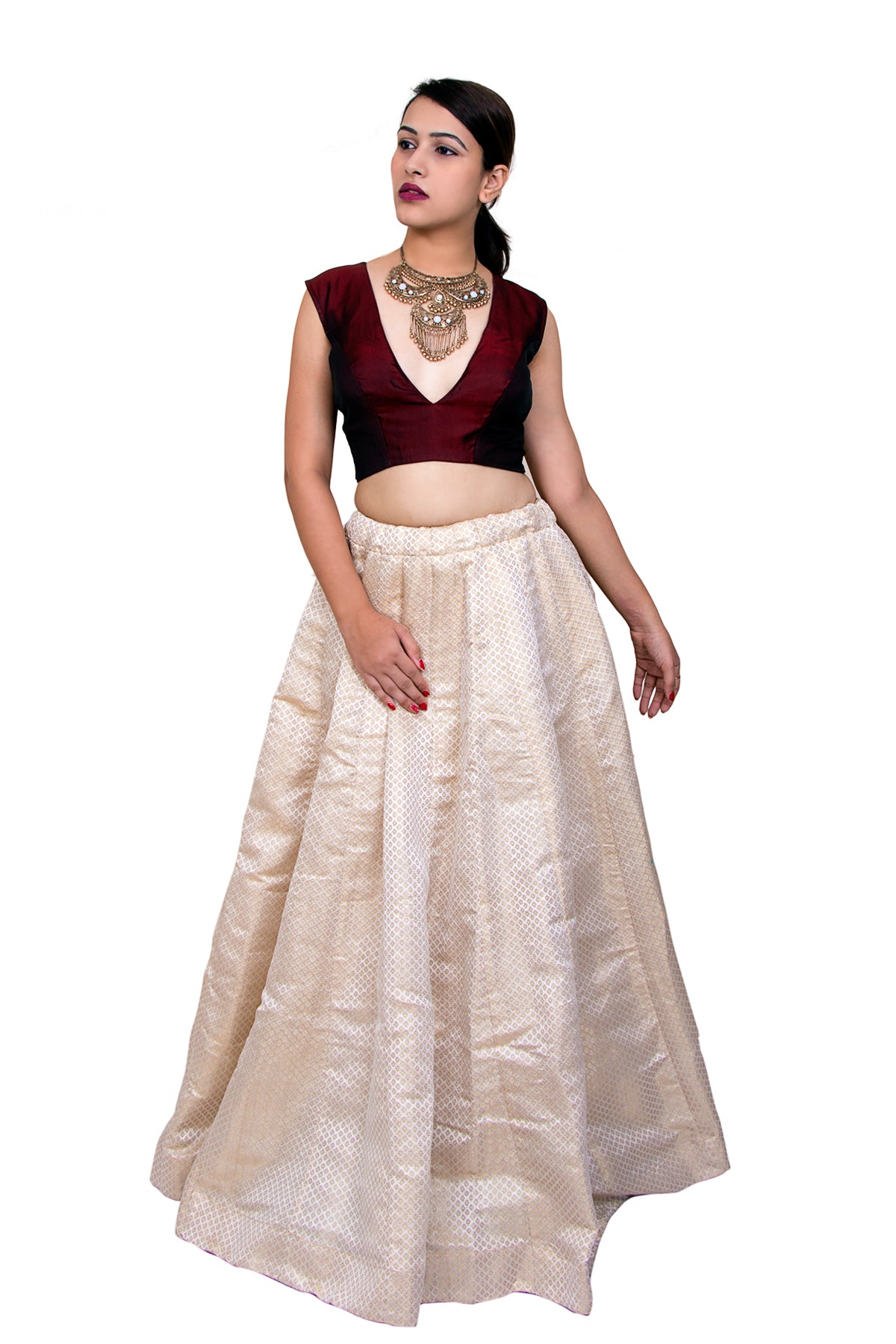 IVORY LEHENGA WITH CONTRAST MAROON CHOLI