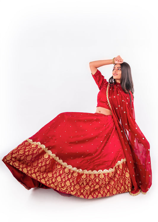 RED CHANDERI LEHENGA