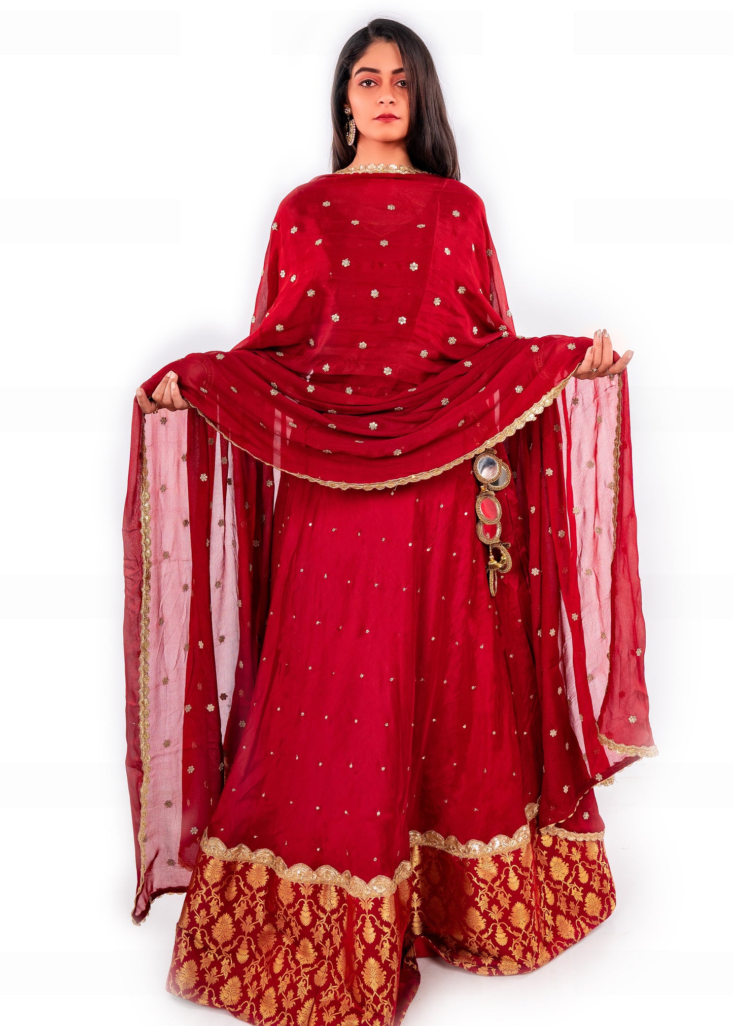RED CHANDERI LEHENGA