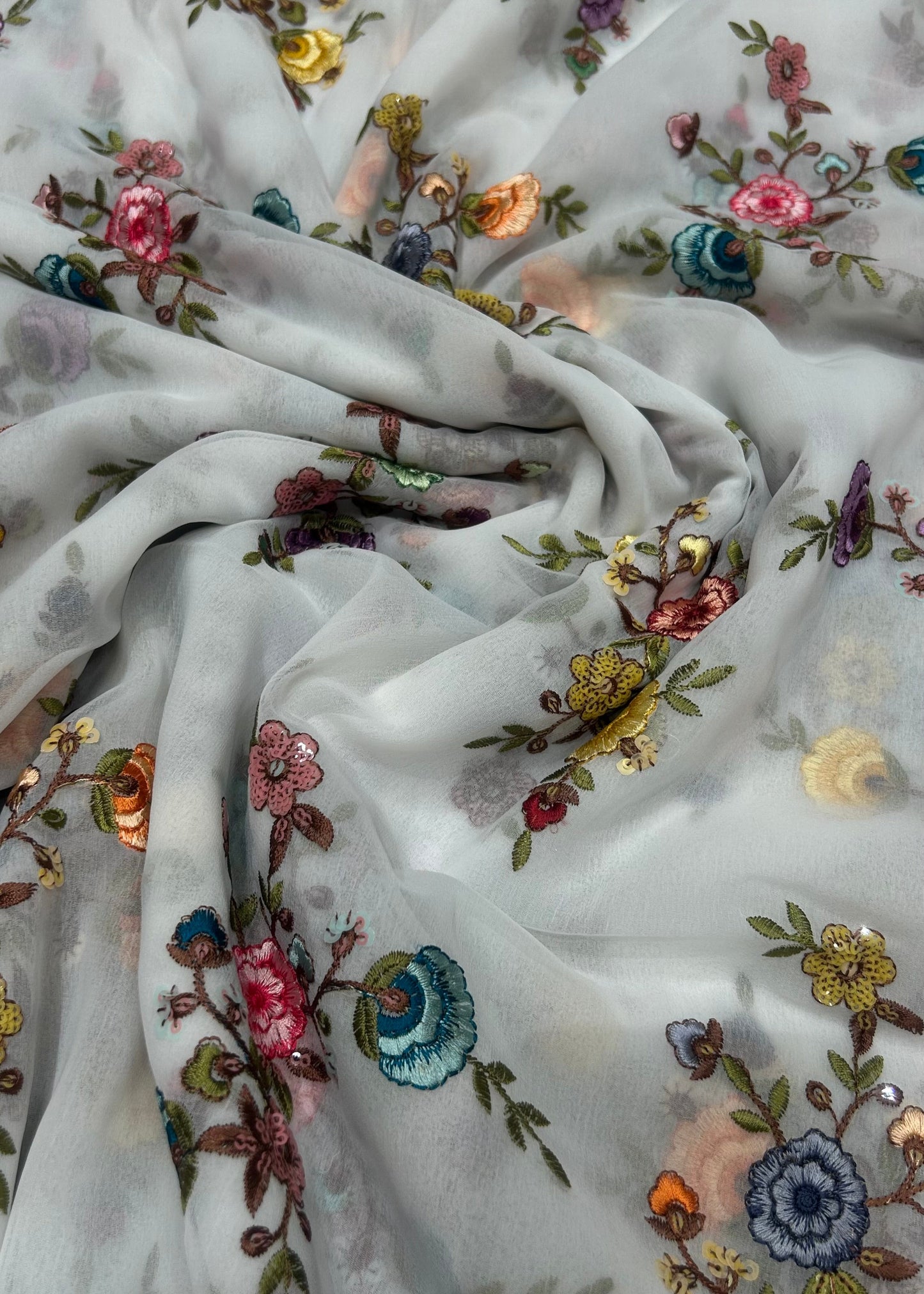 WHITE GEORGETTE WITH FLORAL MACHINE EMBROIDERY