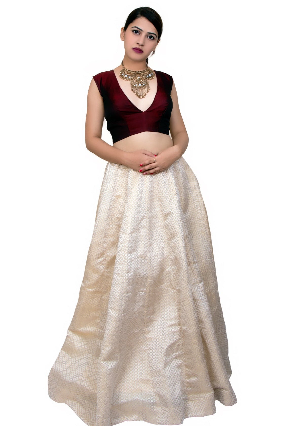 IVORY LEHENGA WITH CONTRAST MAROON CHOLI