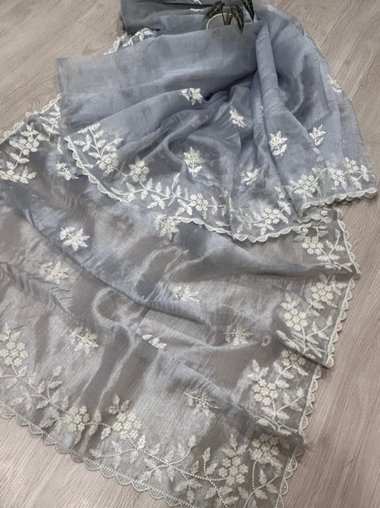 GRAY ORGANZA THREAD WORK SAREE