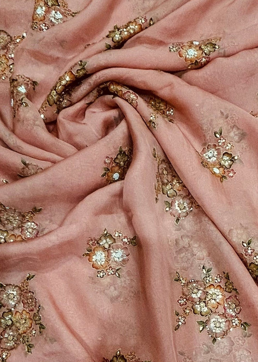 PEACH VISCOSE ORGANZA WITH HAND EMBROIDERY