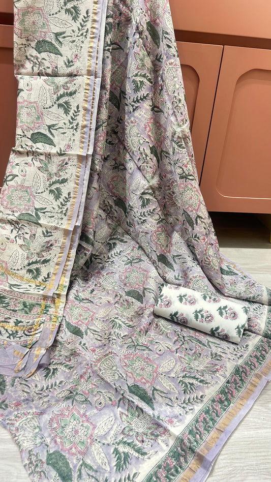 LAVENDER BAGRU PRINT  CHANDERI SUIT MATERIAL