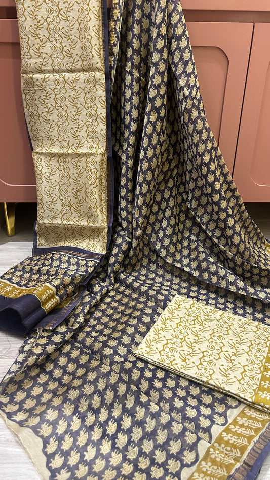 NAVY BLUE CHANDERI SUIT MATERIAL WITH COTTON PANT SET
