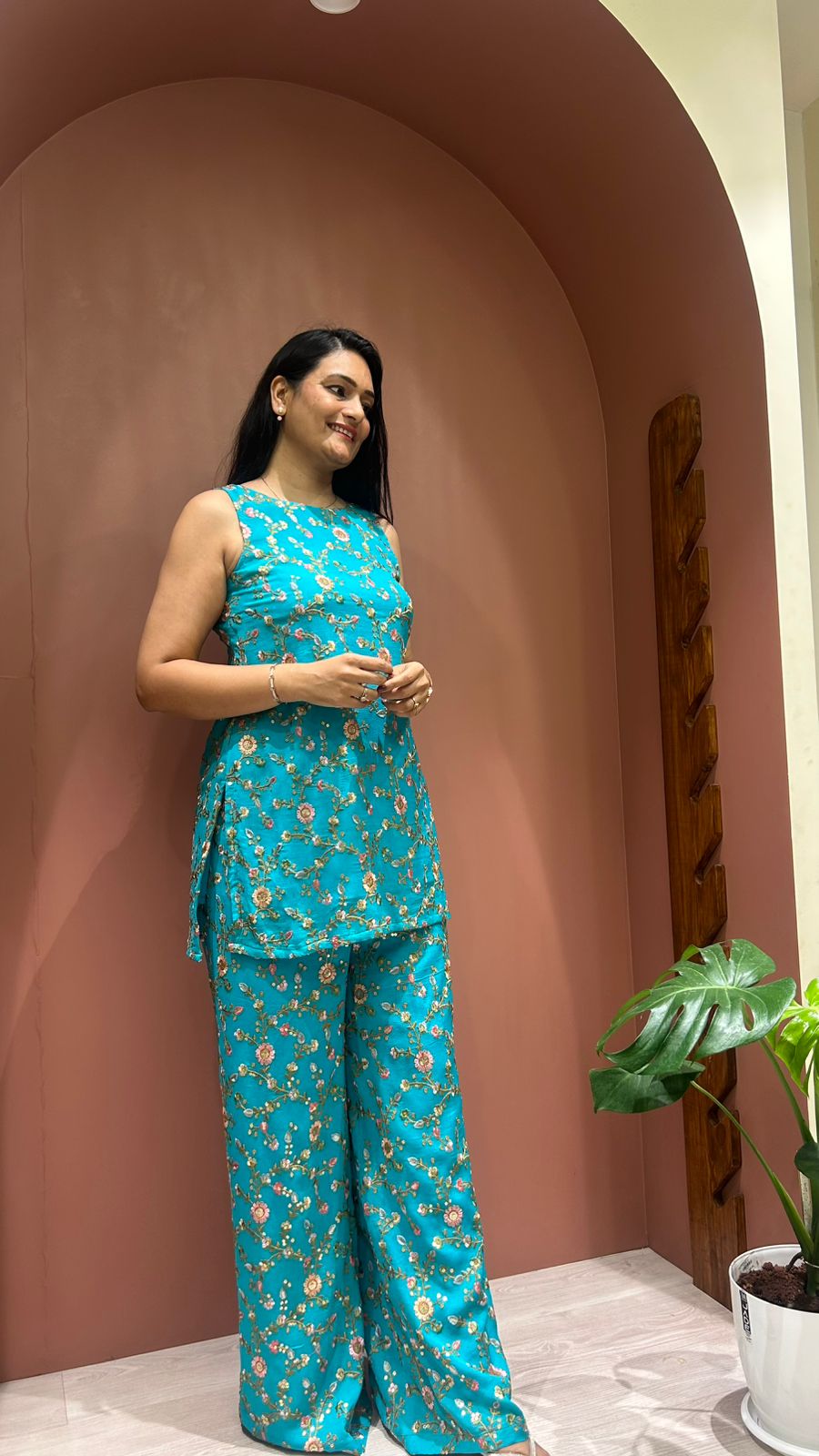 embroidered short kurti plazo set